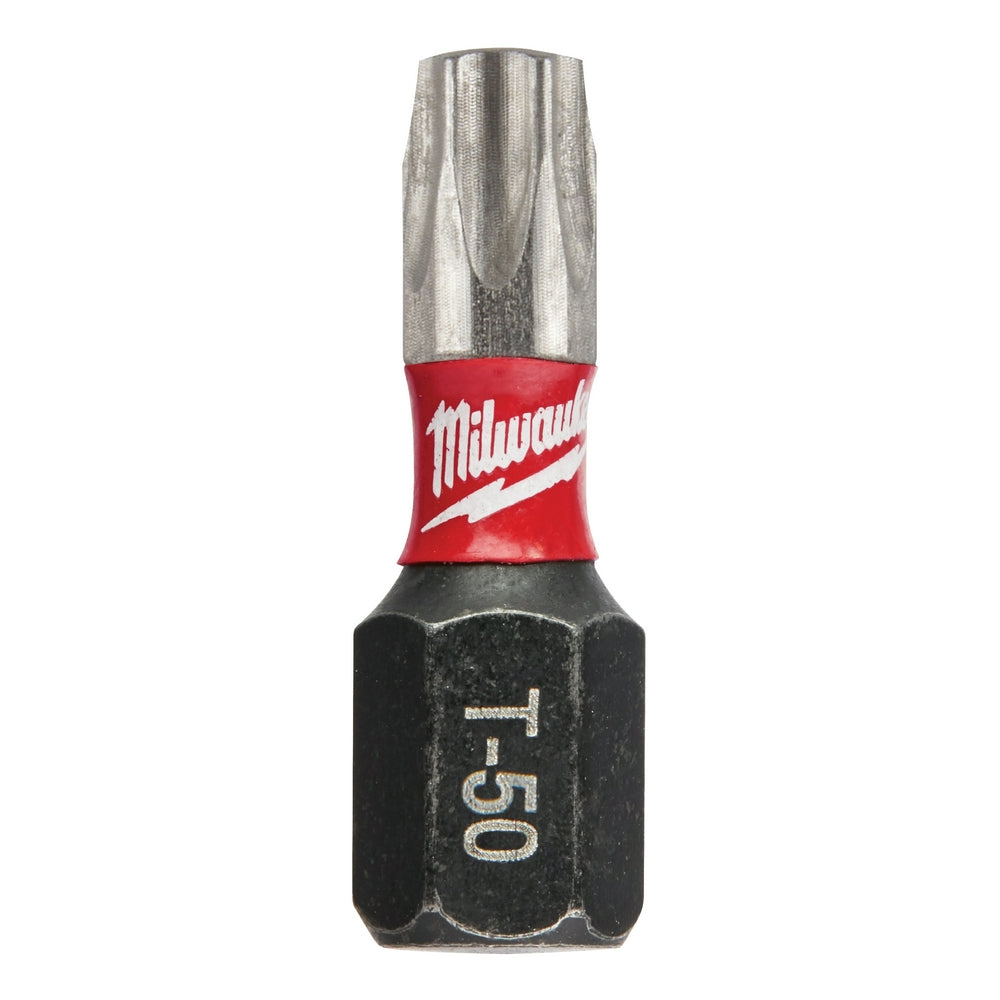 Single Milwaukee Shockwave T50 Torx impact insert bit with red band and black hexagonal head marked "T50".