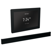 Matte black digital steam shower control panel with touchscreen display showing time, paired with horizontal steam outlet tri