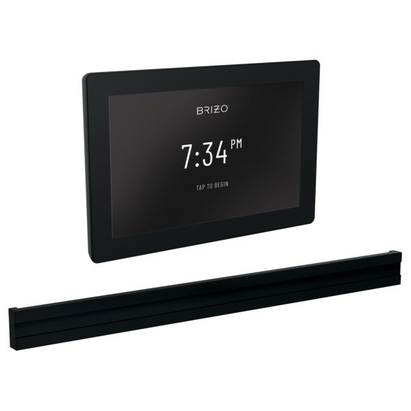 Matte black digital steam shower control panel with touchscreen display showing time, paired with horizontal steam outlet tri