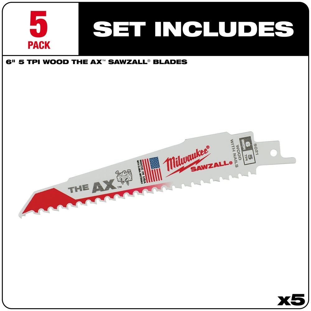 Five Milwaukee 6-inch SAWZALL reciprocating saw blades with 5 TPI teeth and red cutting edge.