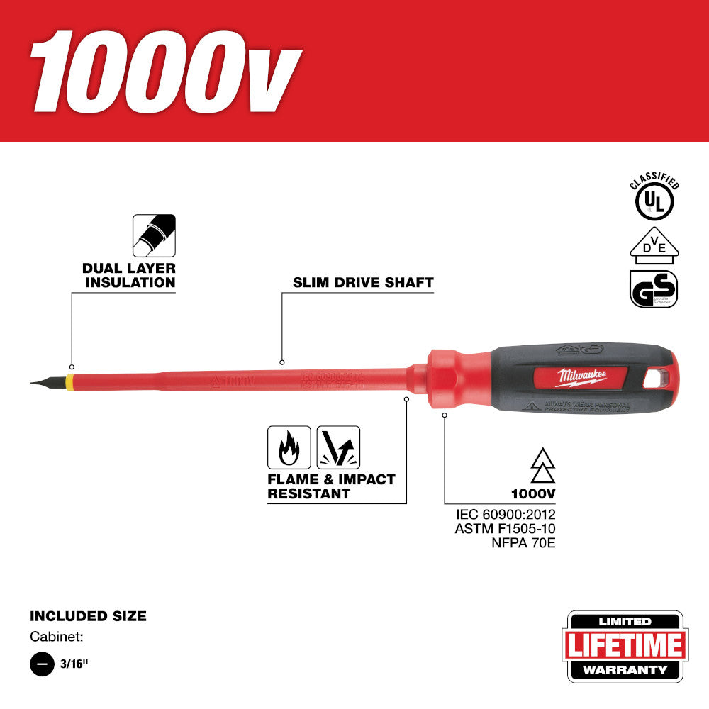 Milwaukee 1000V insulated screwdriver with red handle, 3/16 in. cabinet tip, dual layer insulation, and slim drive shaft.