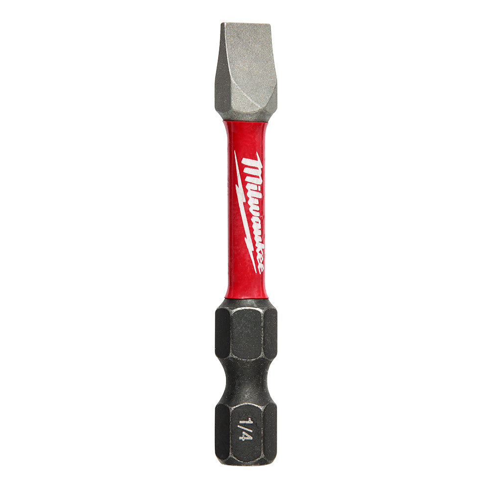 Milwaukee Shockwave slotted impact power bit with red sleeve and black hex socket end on white background.