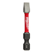 Milwaukee Shockwave slotted impact power bit with red sleeve and black hex socket end on white background.