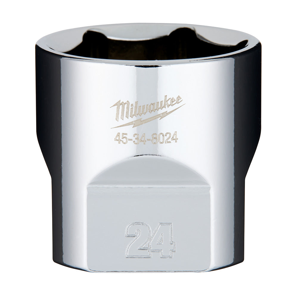 Polished chrome 24mm socket with 3/8" drive, Milwaukee brand logo and model number engraved on side.
