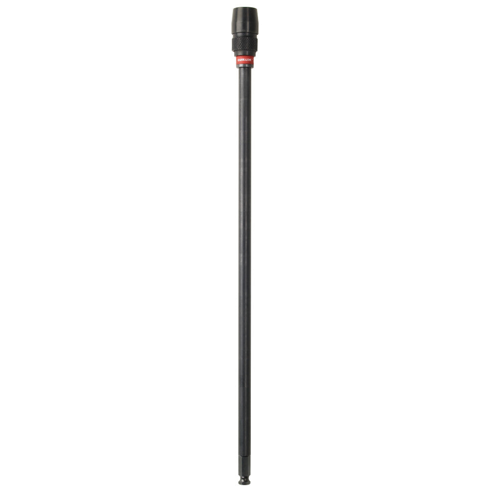 Milwaukee Quik-Lok holesaw extension with 7/16 inch shank and knurled connector, 18 inches long.