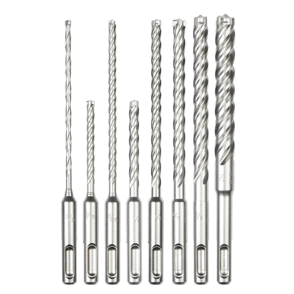 Eight SDS Plus drill bits with spiral flutes and four-cutter tips in varying sizes, arranged in ascending order.