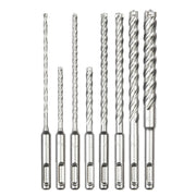 Eight SDS Plus drill bits with spiral flutes and four-cutter tips in varying sizes, arranged in ascending order.