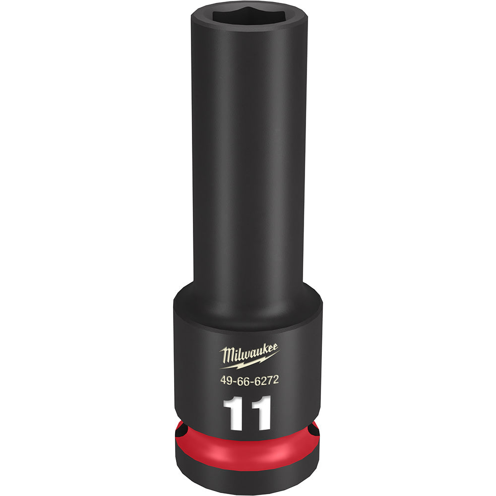 Black 11MM deep socket with 1/2" drive, hexagonal opening at top, red band at base, Milwaukee branding visible.