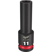 Black 11MM deep socket with 1/2" drive, hexagonal opening at top, red band at base, Milwaukee branding visible.