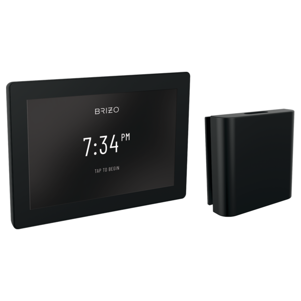 Matte black digital steam shower control with touchscreen display showing 7:34 PM and separate remote control unit.
