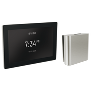 Brizo digital steam control system with black touchscreen display showing 7:34 PM and brushed nickel square controller unit.