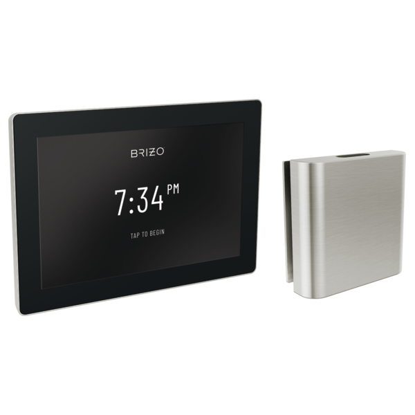 Brizo digital steam control system with black touchscreen display showing 7:34 PM and brushed nickel square controller unit.