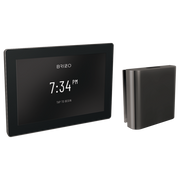 Black digital steam shower control panel with touchscreen displaying 7:34 PM and separate black rectangular valve body.