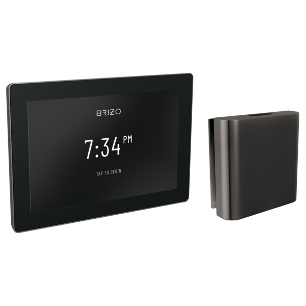 Black digital steam shower control panel with touchscreen displaying 7:34 PM and separate black rectangular valve body.