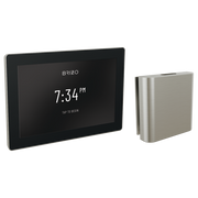 Digital steam shower control with black touchscreen display showing 7:34 PM and nickel square steam head component.