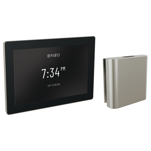 Digital steam shower control with black touchscreen display showing 7:34 PM and nickel square steam head component.