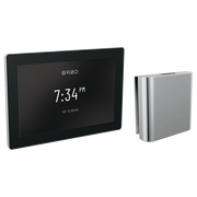 Brizo digital steam control system with black touchscreen displaying time and chrome square controller unit.