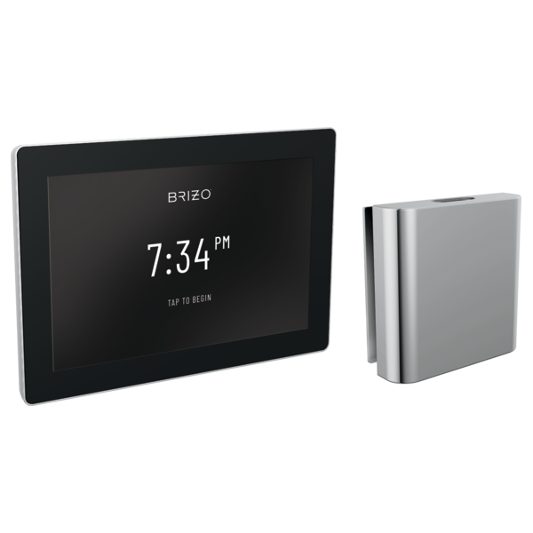 Brizo digital steam control system with black touchscreen displaying time and chrome square controller unit.