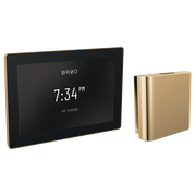 Brizo digital steam shower control panel with touchscreen display and polished gold trim, paired with square steam head.