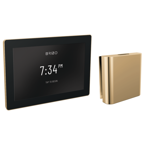 Brizo digital steam shower control panel with touchscreen display and polished gold trim, paired with square steam head.