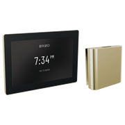 Digital steam shower control panel with touchscreen display and polished nickel square body with remote receiver unit.
