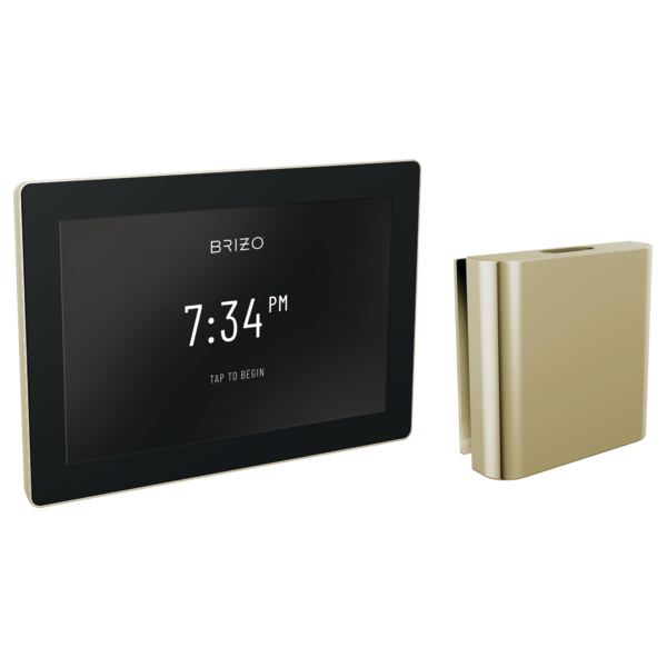 Digital steam shower control panel with touchscreen display and polished nickel square body with remote receiver unit.