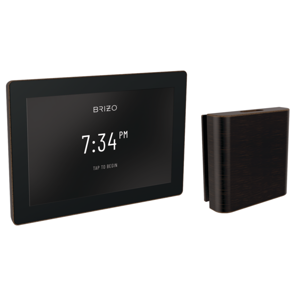 Brizo digital steam shower control with touchscreen display showing 7:34 PM and separate Venetian bronze remote control unit.