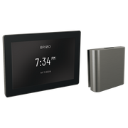 Brizo digital steam control with black touchscreen display showing 7:34 PM and stainless steel valve body.