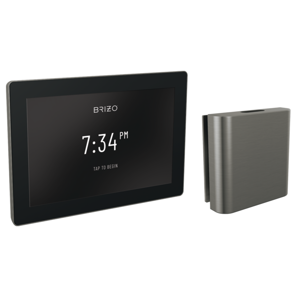 Brizo digital steam control with black touchscreen display showing 7:34 PM and stainless steel valve body.