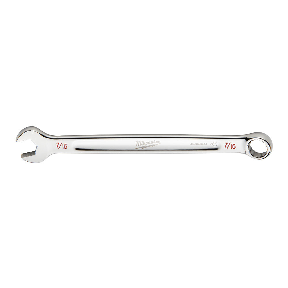 Silver Milwaukee 7/16 inch SAE combination wrench with open end on left and ring end on right.