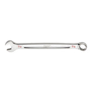 Silver Milwaukee 7/16 inch SAE combination wrench with open end on left and ring end on right.