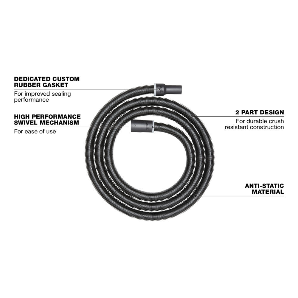 Black flexible hose with ribbed exterior, swivel connector, and black plastic end fittings coiled on white background.