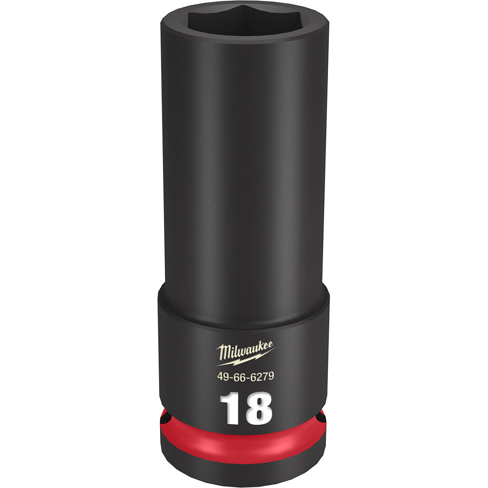Black deep socket with hexagonal opening, red base ring, and Milwaukee branding with 18MM size marking.