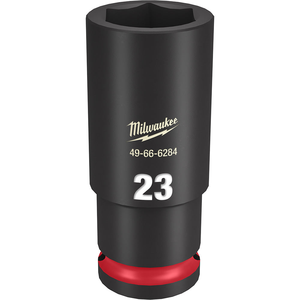 Black Milwaukee deep socket with 23MM marking, hexagonal opening, and red grip band at base.