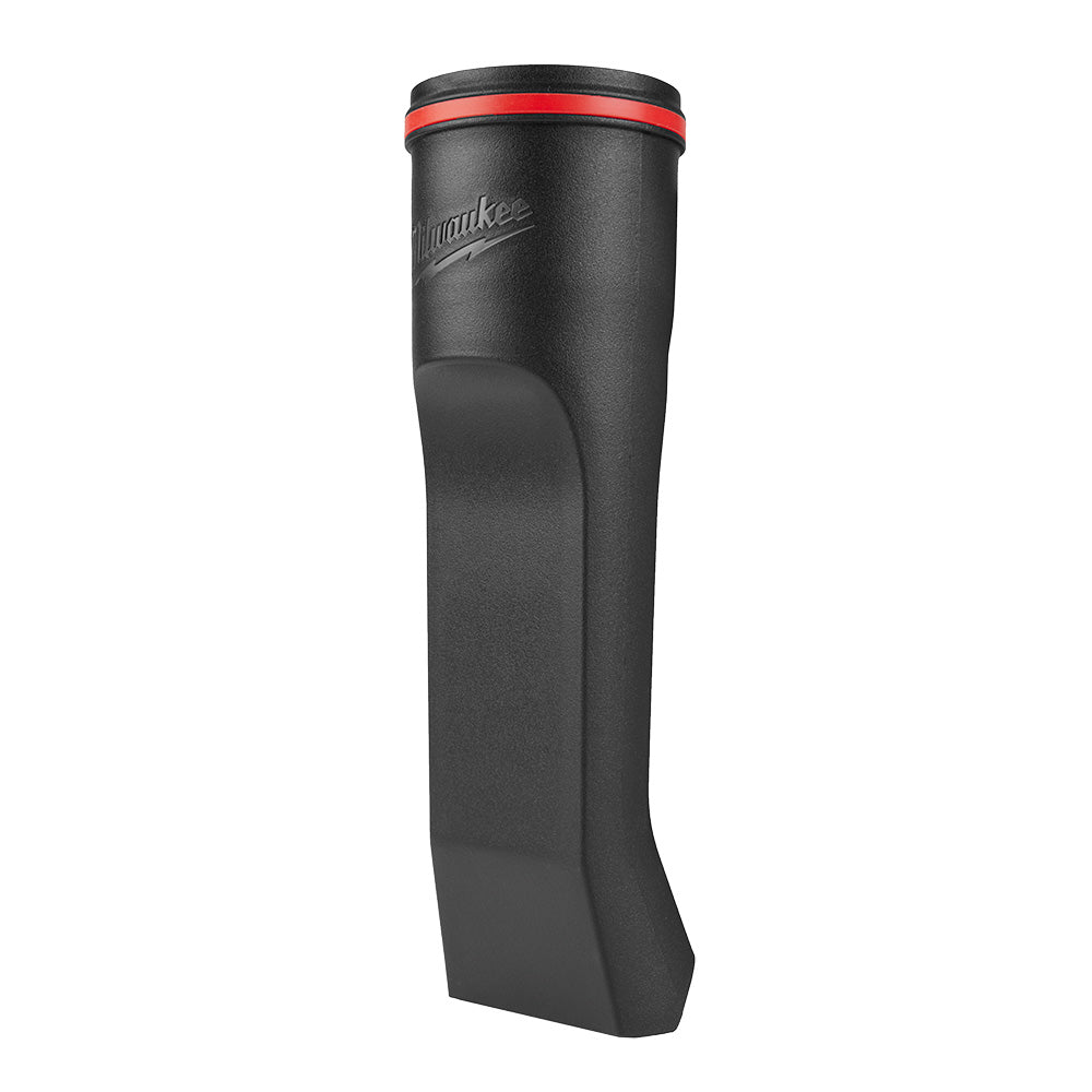 Black curved nozzle attachment with Milwaukee branding and red stripe band at top.