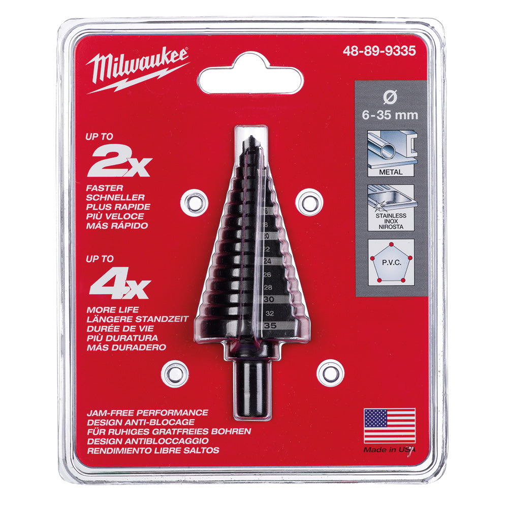 Milwaukee step drill bit, 6-35mm range, black conical design with size markings on packaging.