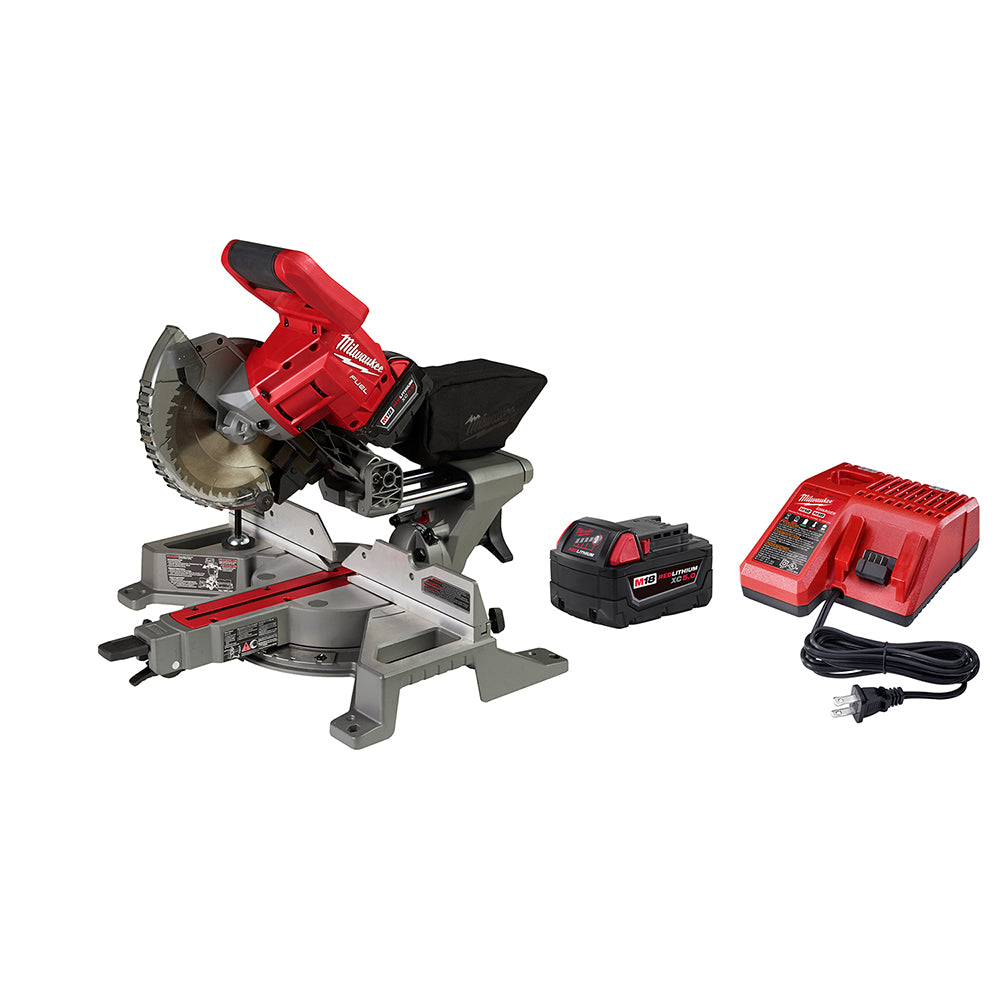 Milwaukee M18 FUEL dual bevel sliding compound miter saw with battery, charger, and power cord included.