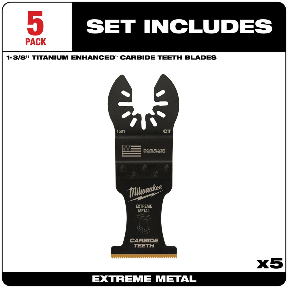 Five Milwaukee 1-3/8" OPEN-LOK metal cutting blades with titanium-enhanced carbide teeth and orange cutting edge.