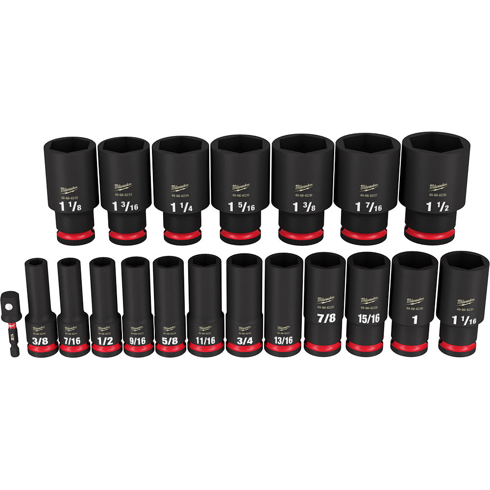 Milwaukee 19-piece 1/2" drive deep socket set with black sockets labeled with SAE sizes and red grip bands.