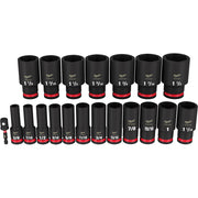 Milwaukee 19-piece 1/2" drive deep socket set with black sockets labeled with SAE sizes and red grip bands.