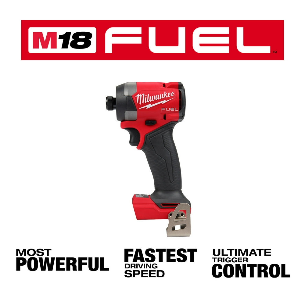 Milwaukee M18 FUEL red and black cordless impact driver with battery shown against white background.