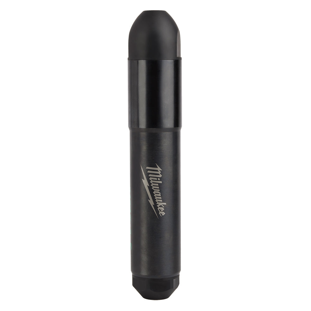 Black cylindrical concrete vibrator head with rounded top and Milwaukee branding on the shaft.