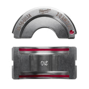 Milwaukee aluminum U-style die with 3/0 gauge marking, shown from top and bottom views with red alignment lines.