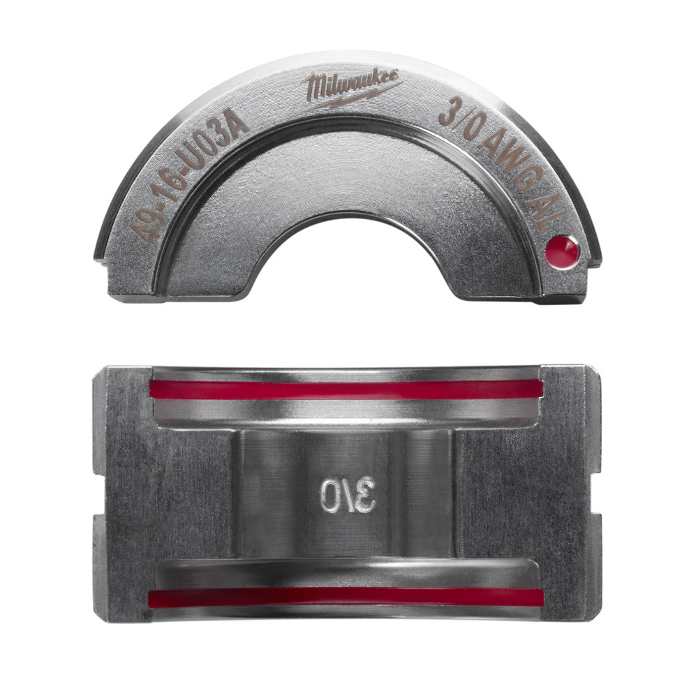 Milwaukee aluminum U-style die with 3/0 gauge marking, shown from top and bottom views with red alignment lines.