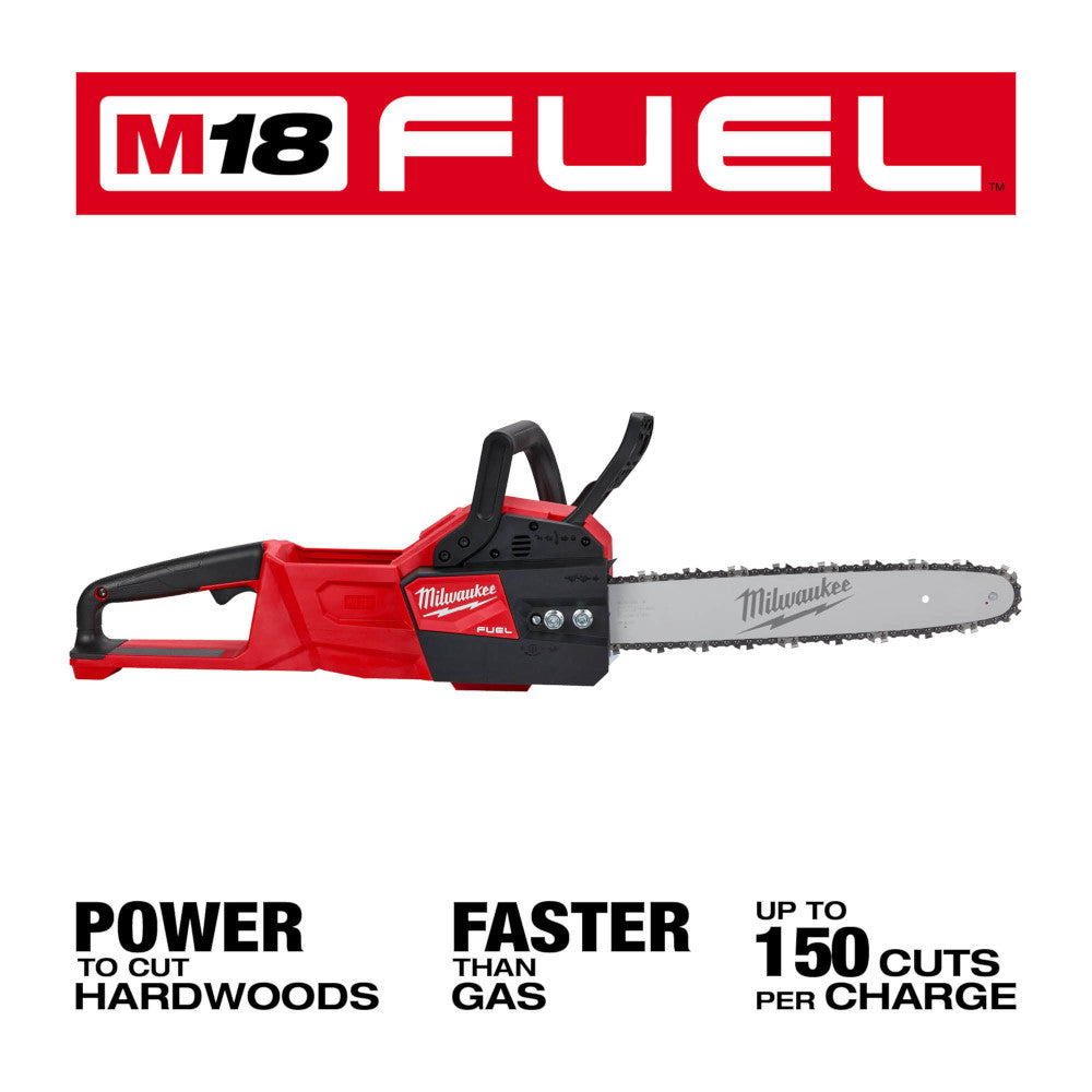 Milwaukee M18 FUEL 14" chainsaw with red and black housing, shown from the side with chain bar visible.