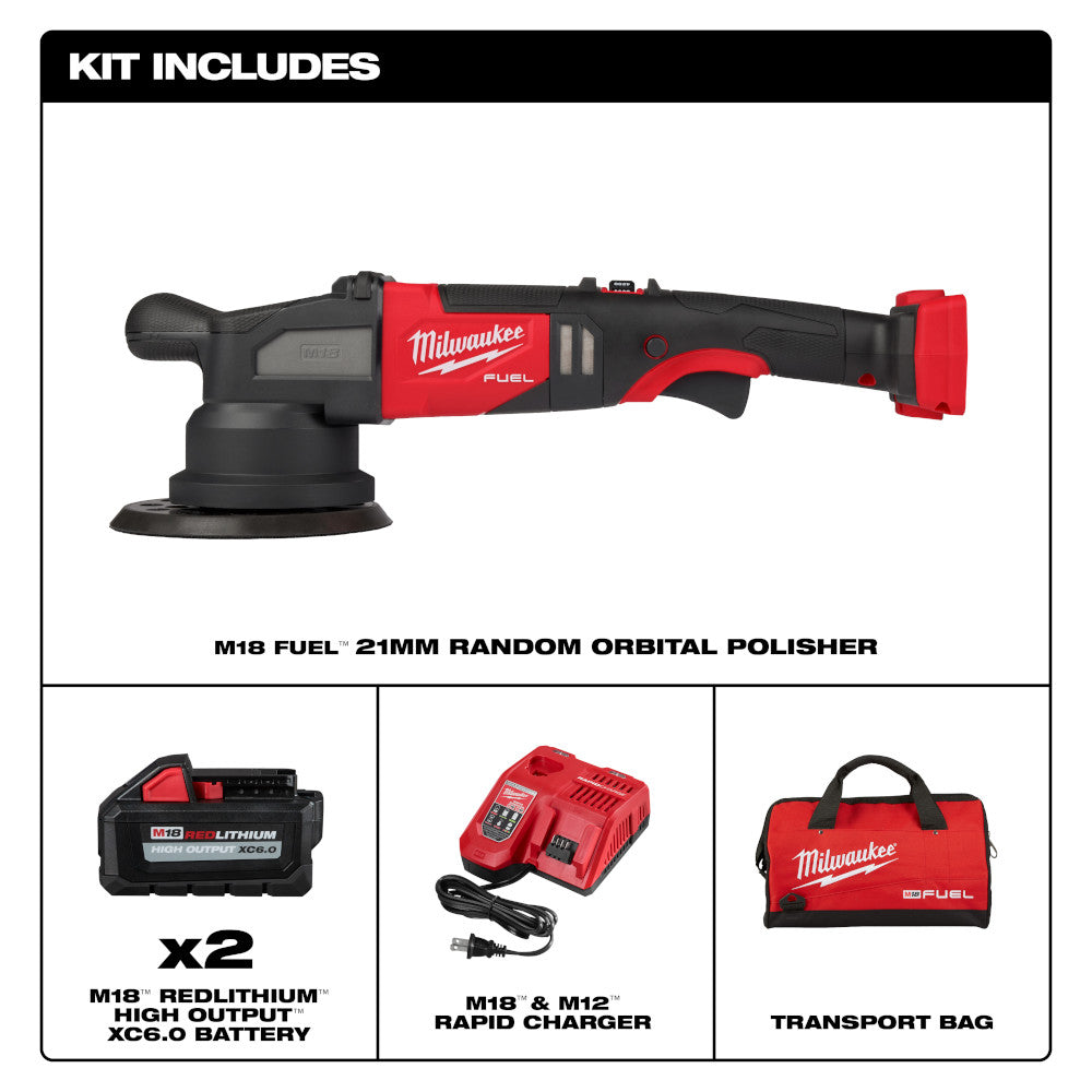 Milwaukee M18 FUEL 21mm random orbital polisher with red and black body, two batteries, rapid charger, and red transport bag.