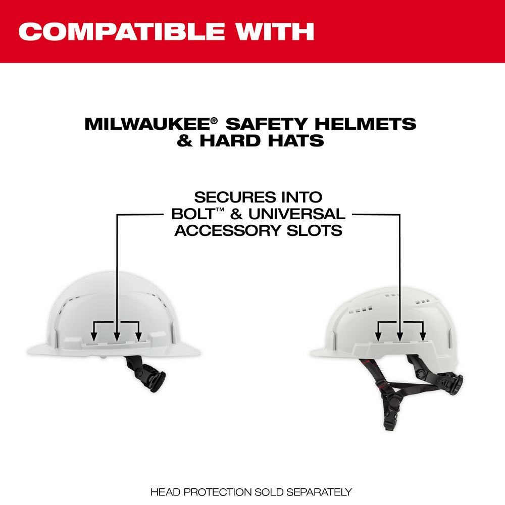 Black earmuffs with attachment slots shown mounted on white safety helmets.