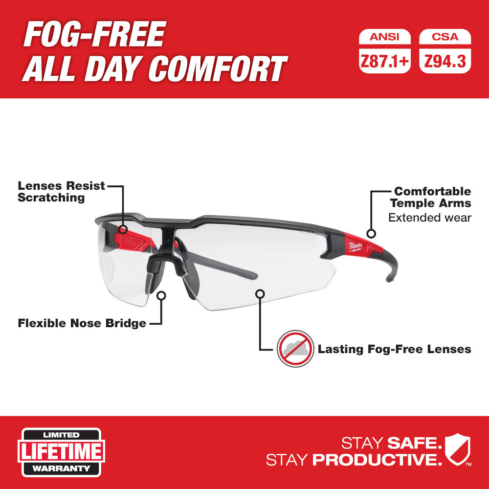 Milwaukee safety glasses with clear lenses, black frames with red accents, featuring flexible nose bridge and extended temple