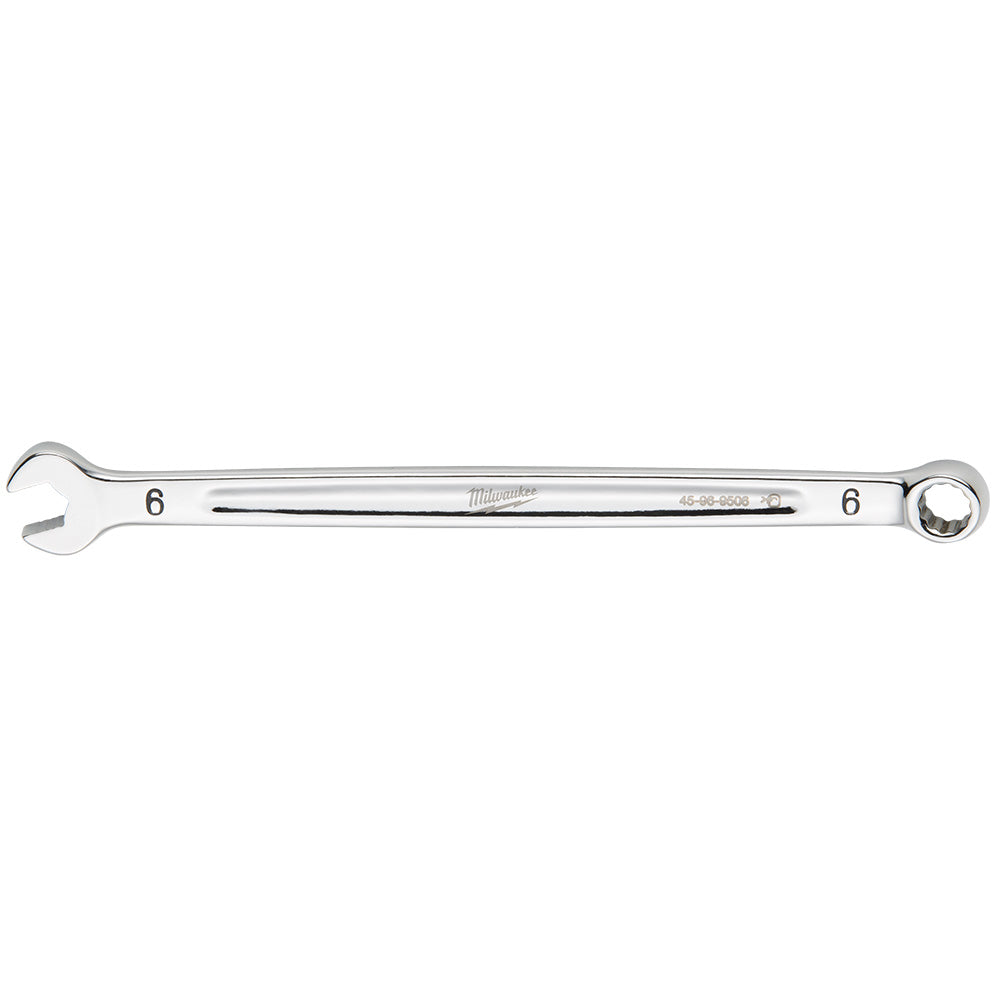 Silver 6mm combination wrench with open end on left and ring end on right, marked with "6" and Milwaukee branding.