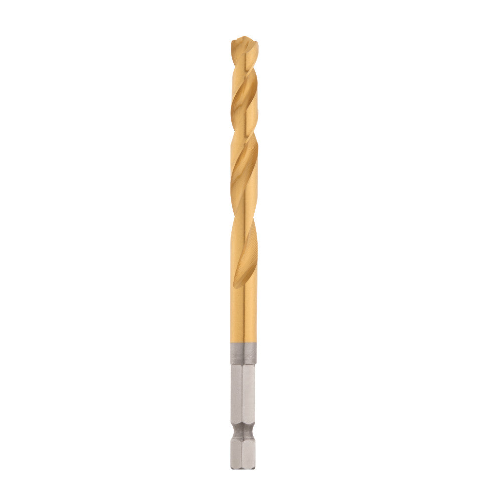 Gold titanium-coated twist drill bit with fluted shaft and hex shank against white background.